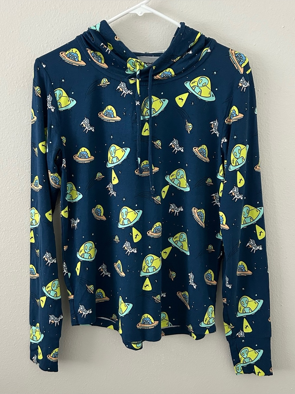 MeUndies Hooded Pullover Top Women S Soft Modal Hoodie Alien UFO Space Cows Navy